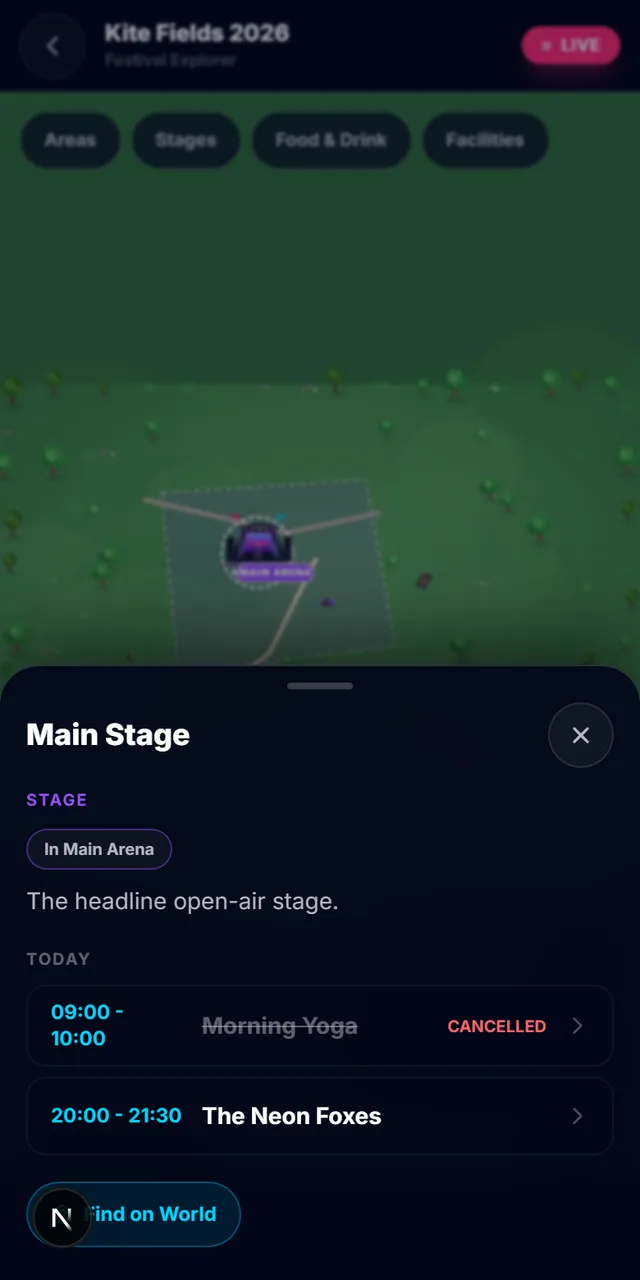 Festival Explorer stage card for an example festival, showing today's set times and a Find on World button.