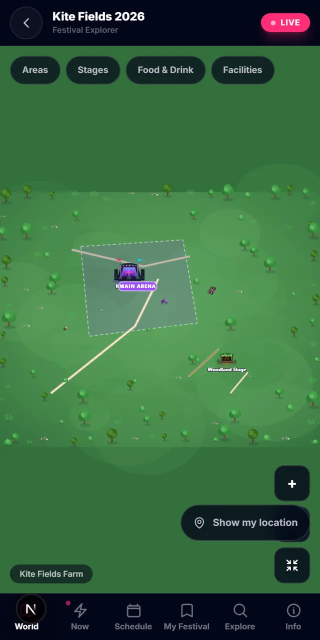 Festival Explorer on a phone: an illustrated world map of an example festival with stages, paths and areas.
