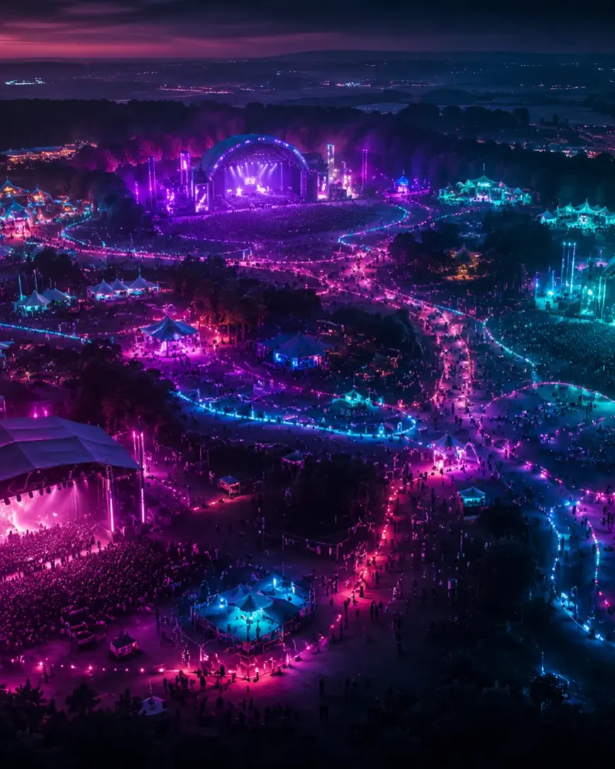An entire festival site seen from the air at night: stages, tents and glowing walkways.