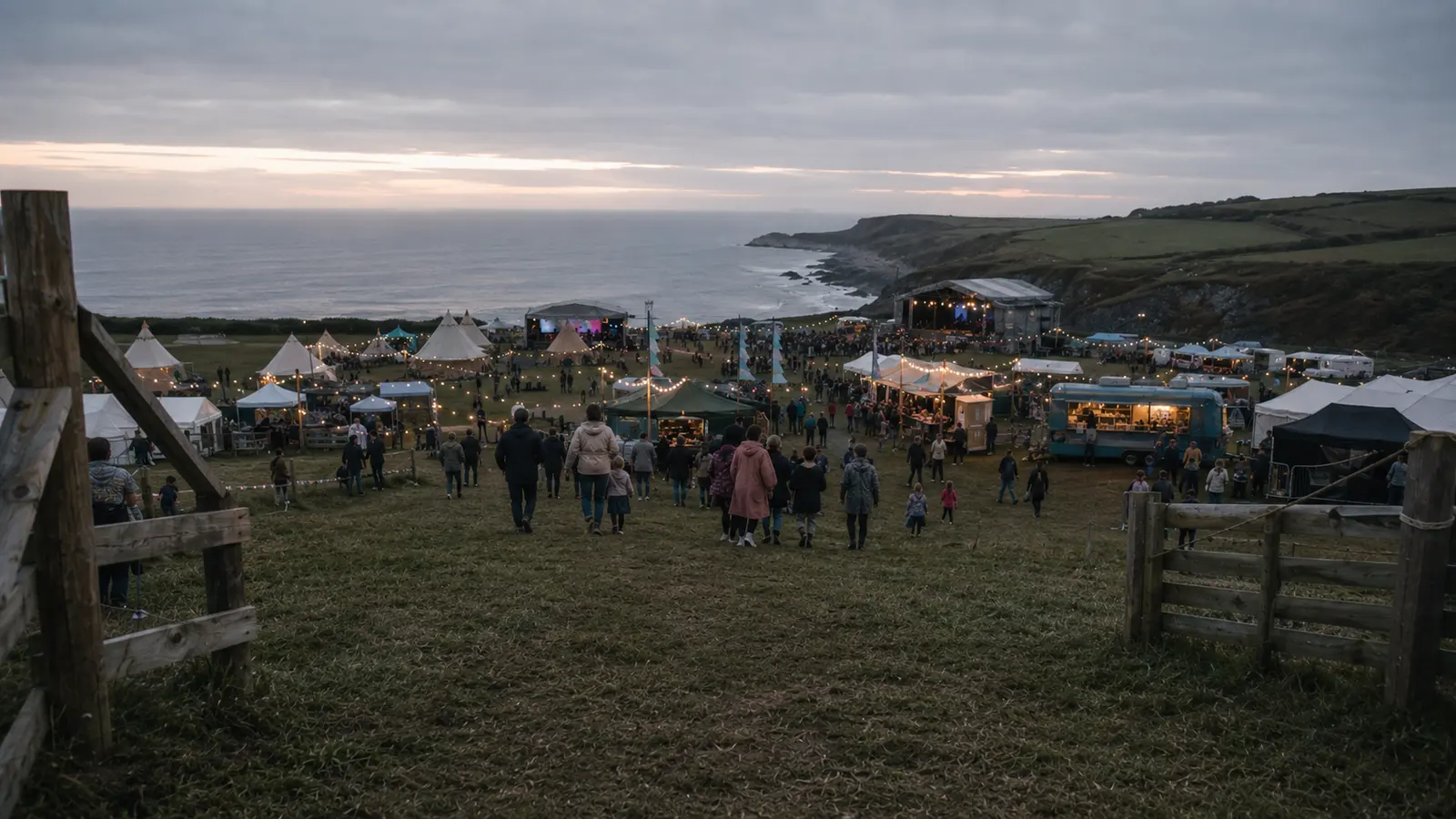 A headland festival site above the sea at dusk: tents, stalls and a small stage.