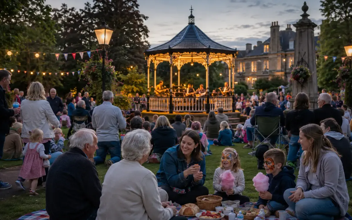 Families gathered around a lit bandstand at dusk, picnic blankets on the grass.