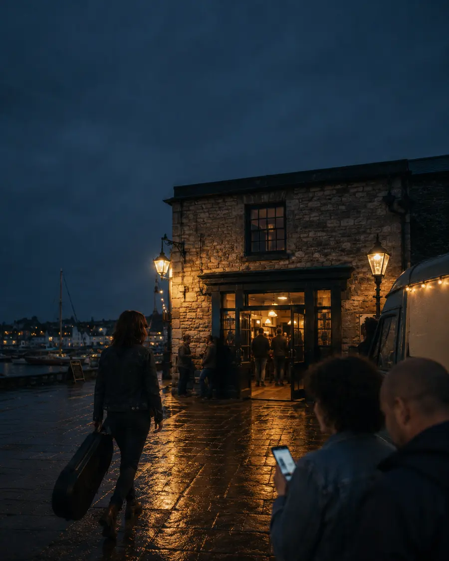A harbour street at dusk: a food van, a musician carrying a guitar case, and friends checking one phone under a street lamp.