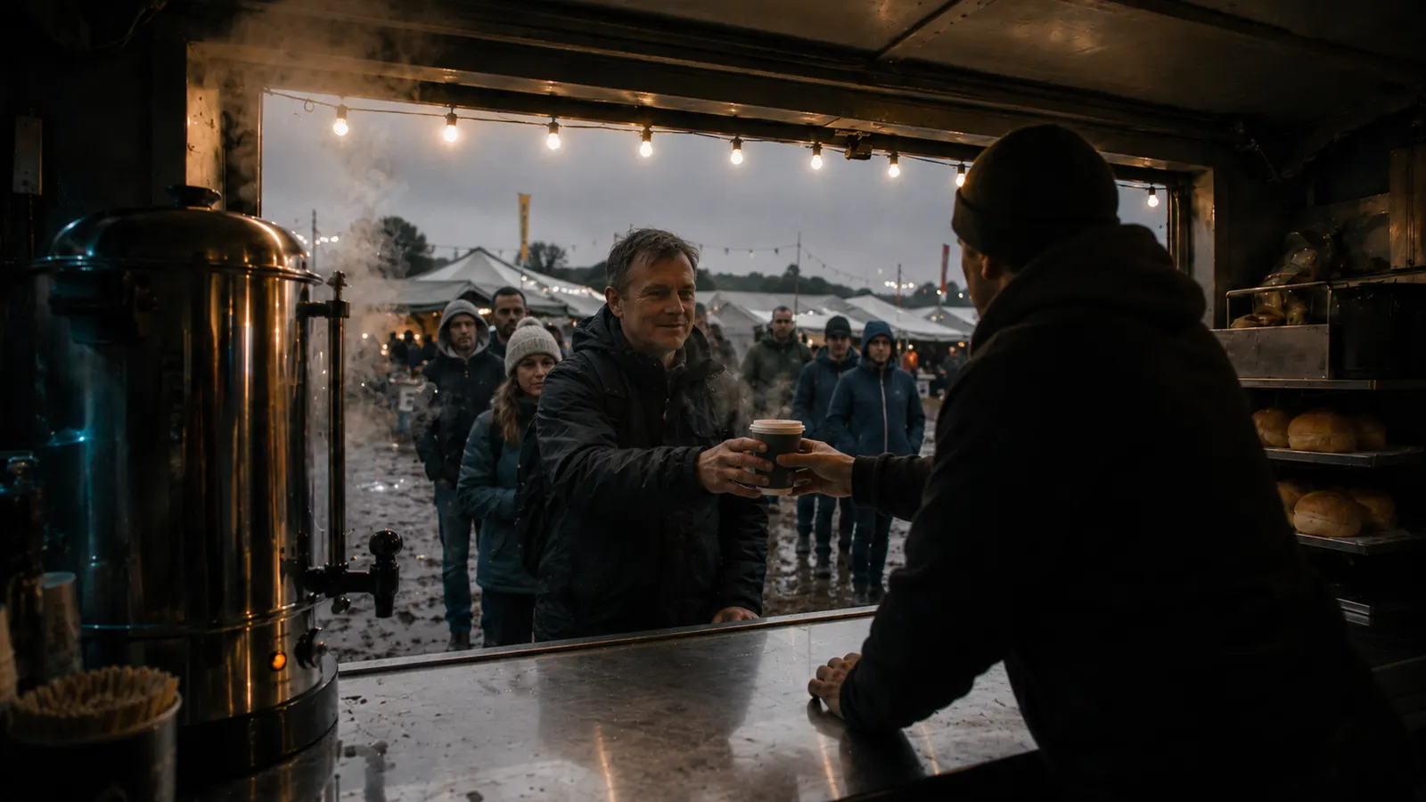 A trader handing the first coffee of the day over a food-van counter, steam rising.