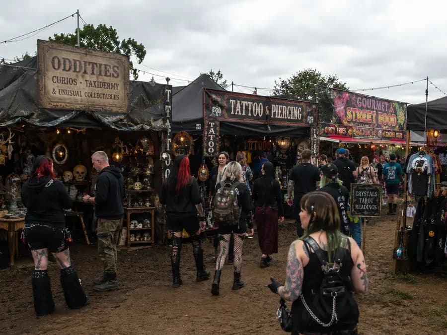An alternative market row: tattoo and piercing, oddities and vintage clothing.