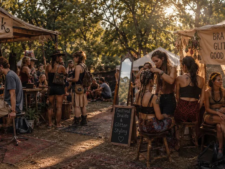 A golden-hour market row with a tattoo tent and a braids and glitter stall.