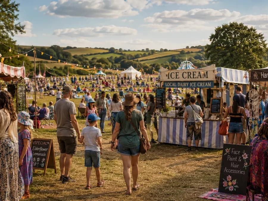 Tea, cake and ice cream stalls at a village-green event.