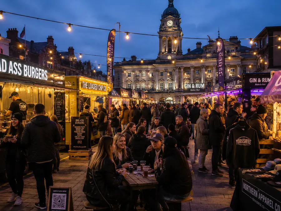 A night street-food market: burger van, gin bar and full benches in a town square.